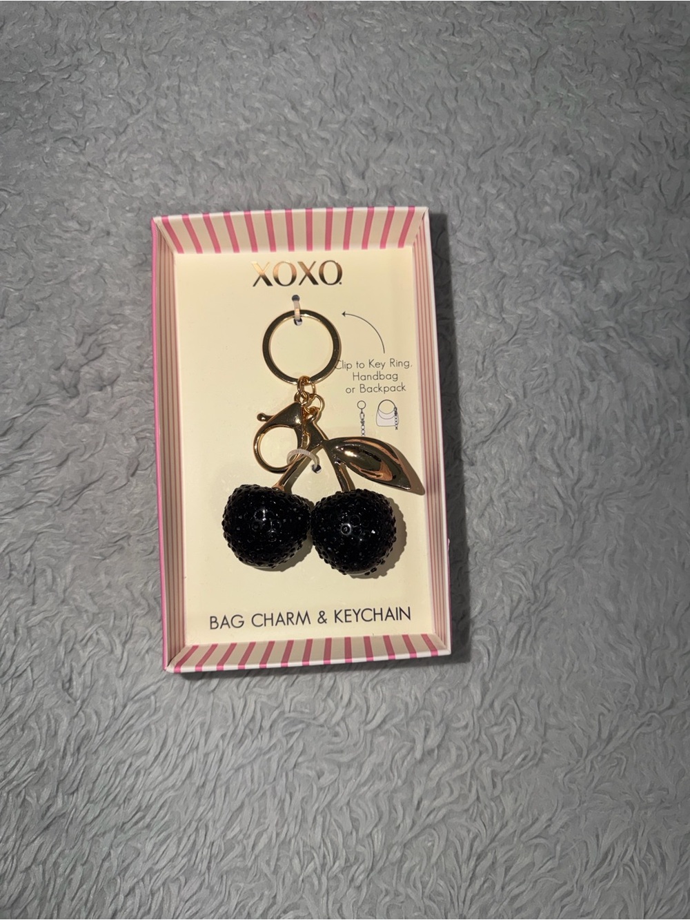 XOXO Black Sequin Cherry Keychain with Gold Hardware